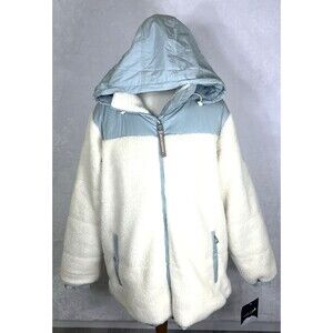 Artic Expedition Women's Berber Coat Hidden Hood Ivory Blue-Grn Size Medium  NEW